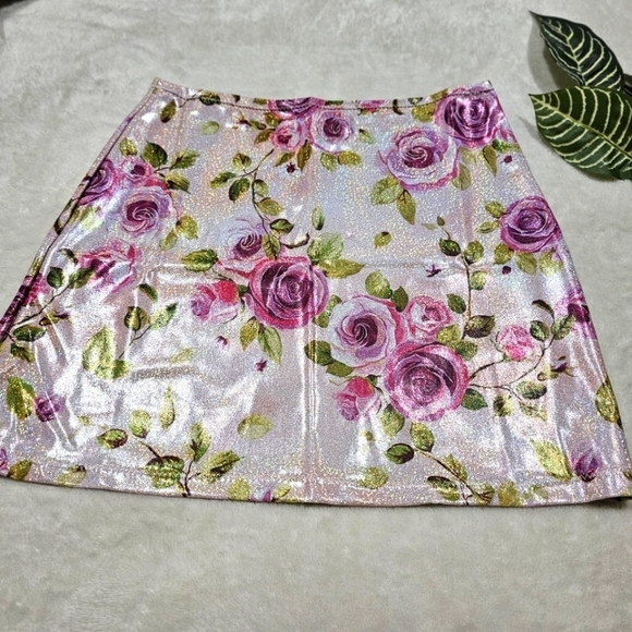 Treasure The Funk ✦ Pink Rose Mini Skirt ✦ Sparkly Bodycon High Waist Metallic M - Picture 4 of 13